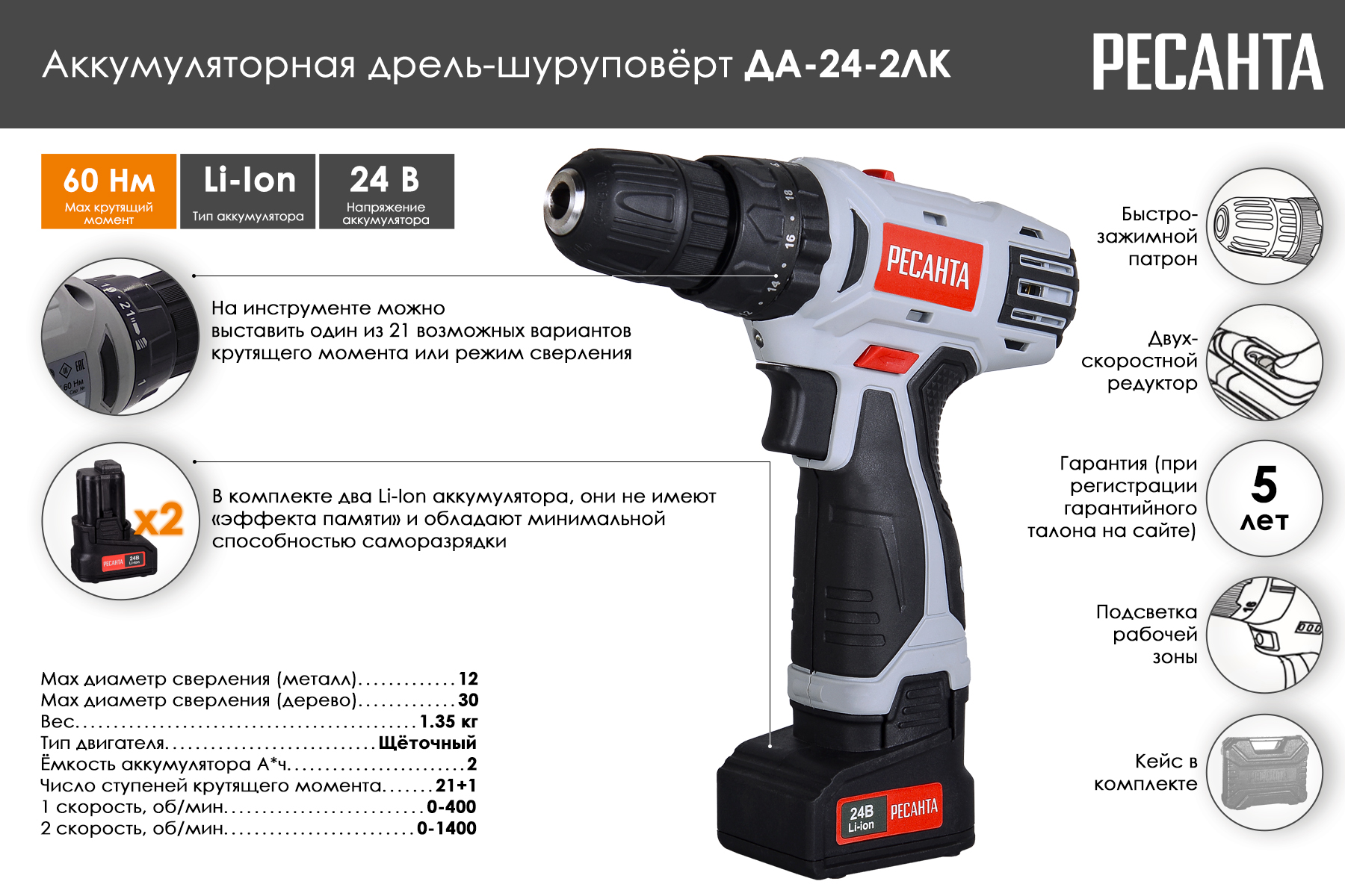 Аккумуляторная дрель-шуруповерт Ресанта ДА-24-2ЛК