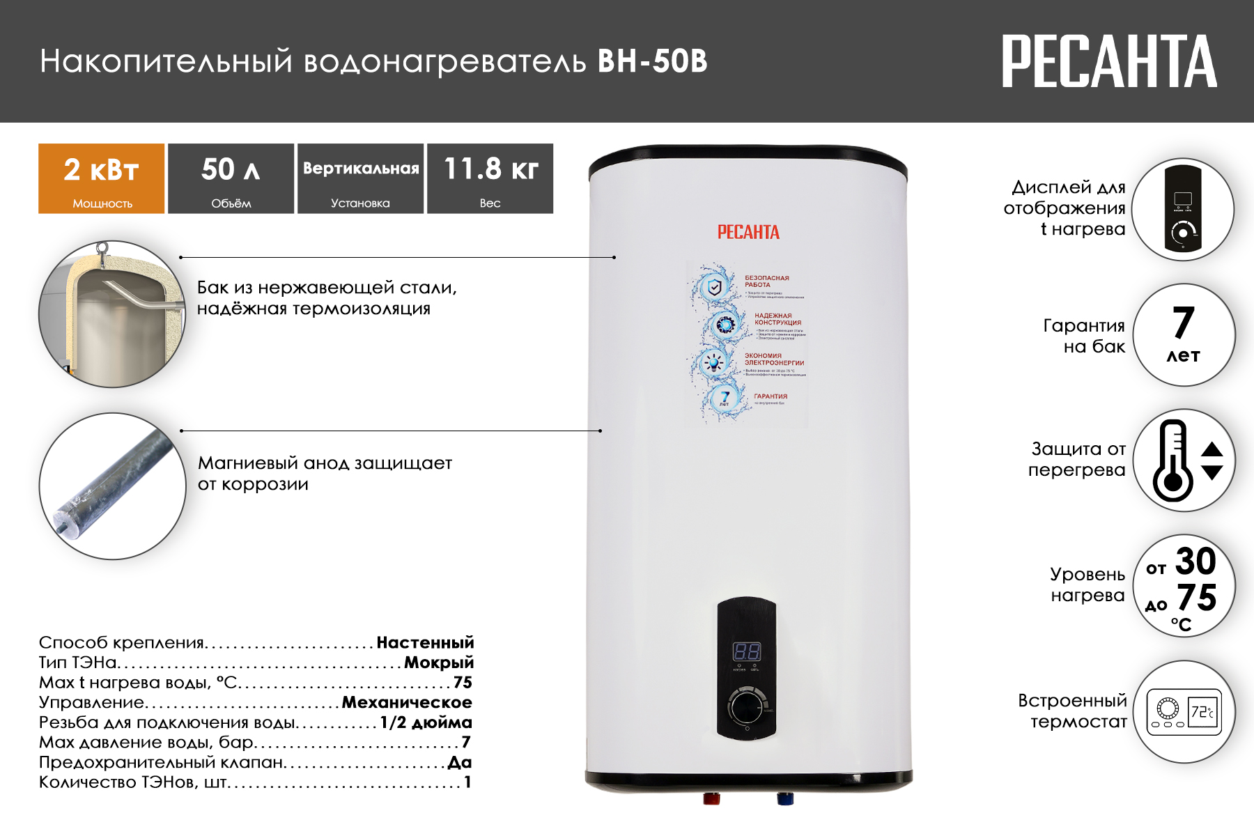 Водонагреватель накопительный Ресанта ВН-50В 74/5/2